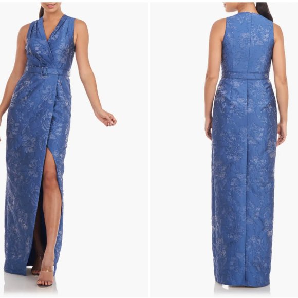 KAY UNGER EDIE FLORAL BELTED COLUMN SURF BLUE GOWN sz 4 - Picture 1 of 4
